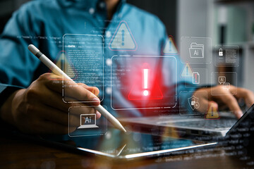 Cyber security risk concept, system alert on interface, hacking, IT system breach, AI-powered security alert.