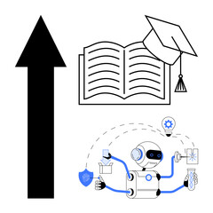 Robot multitasking with tools and icons, open book with graduation cap, upward arrow. Ideal for AI learning, education, innovation, personal growth, automation future skills technology. A simple