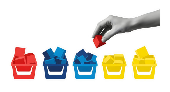 Hand sorting and categorizing colorful cubes into matching containers for organization and data management.