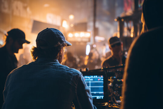 Film director working on set during shoot with crew