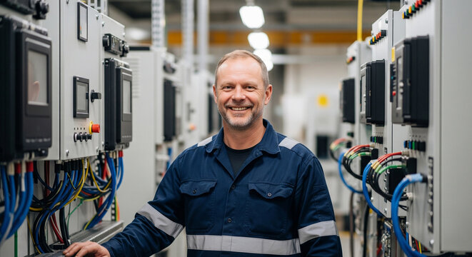 Qualified technician smiling after completing work on electrical systems while working in an industrial environment, demonstrating his expertise