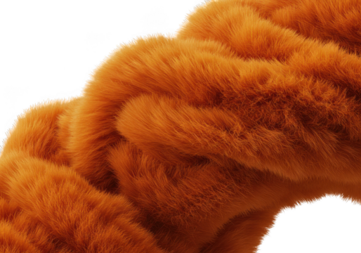 A close up of an orange fiber texture shows a soft and fluffy abstract material surface isolated on transparent background