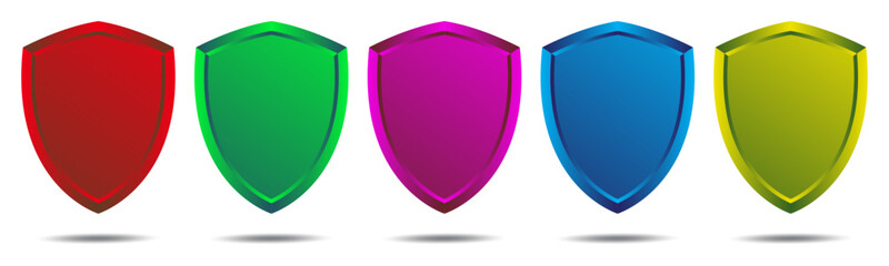 metalic Shields in different colors on a white background. Vector illustration.