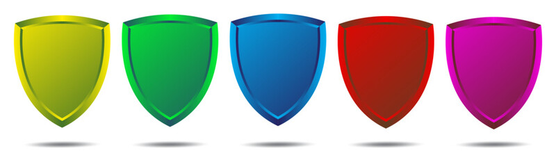 Shields in different colors on a white background. Vector illustration.