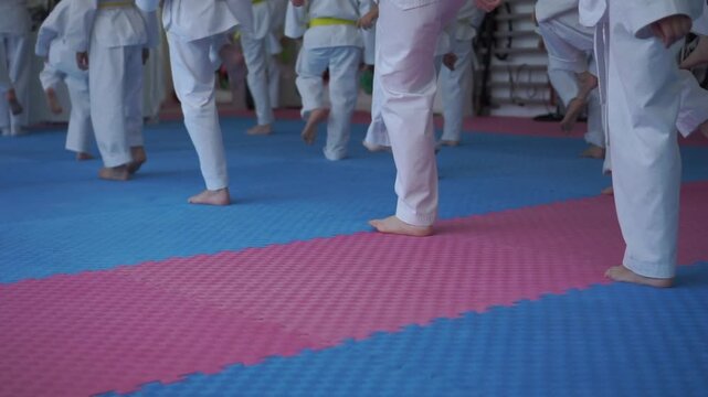 Attentive young male athlete from behind, white taekwondo uniform, red and black taekwondo paddles for training, concept of martial arts, sports training, sports equipment
