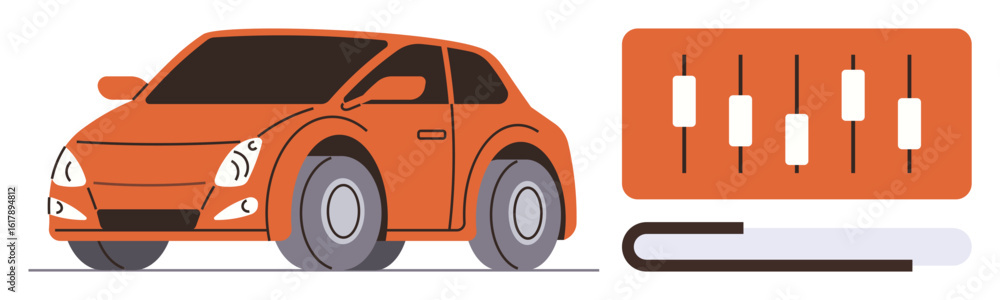 Poster orange compact car alongside a control panel with adjustable sliders and a graph bar, representing c