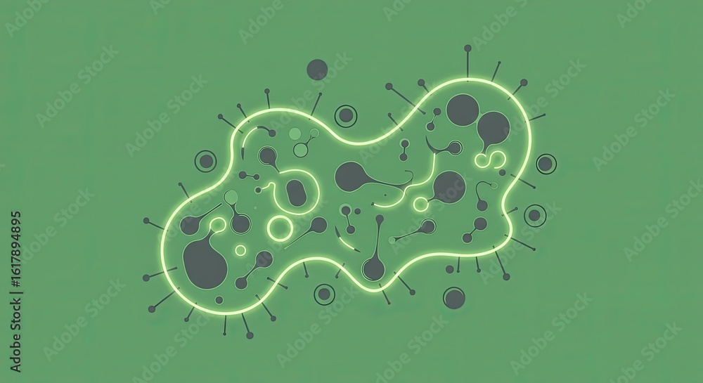 Aufkleber abstract biological cell structure with connecting nodes and glowing elements on green background