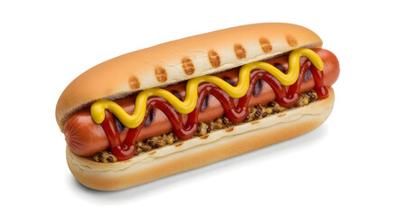 Delicious Hot Dog with Mustard and Ketchup on White