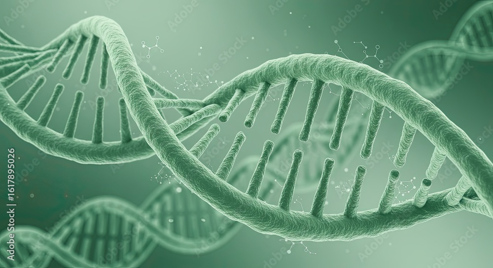 Poster close up view of a green dna double helix structure with molecular diagrams