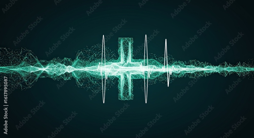Poster abstract glowing green sound wave with pulsating light particles and heart rate line