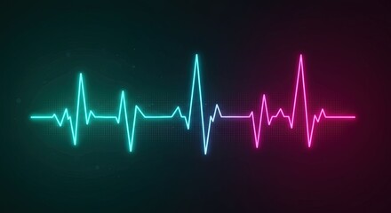 Neon electrocardiogram waveform with digital pattern background in blue and pink hues