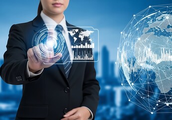 Businesswoman interacting with a digital interface showing world map charts and a network globe representing global business technology and data analysis in a modern setting