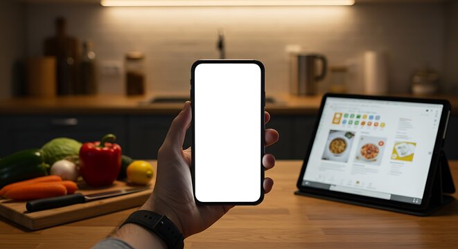 Hand holding a smartphone with a blank white screen mockup in a modern kitchen setting. - Powered by Adobe