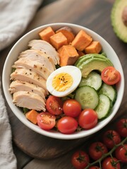 Chicken and Egg Power Bowl. Sliced chicken, hard-boiled egg, sweet potato, cucumber, cherry tomatoes, avocado. Season with salt and pepper