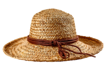 Woven straw hat with brown band image sun protection headwear vintage style summer fashion on transparent background