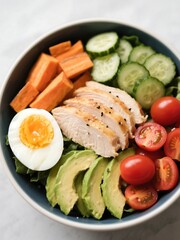 Chicken and Egg Power Bowl. Sliced chicken, hard-boiled egg, sweet potato, cucumber, cherry tomatoes, avocado. Season with salt and pepper