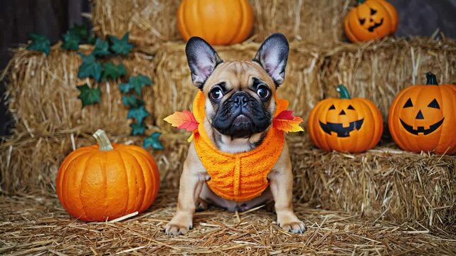 french bulldog in orange halloween costume