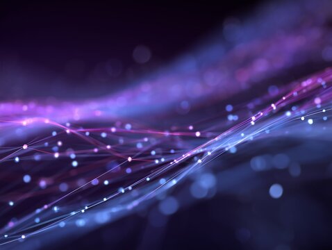 Futuristic wave of glowing lines and dots, abstract technology background representing network, AI and big data flow