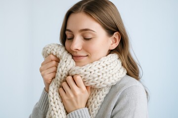 Young woman enjoying soft knitted scarf against light blue background