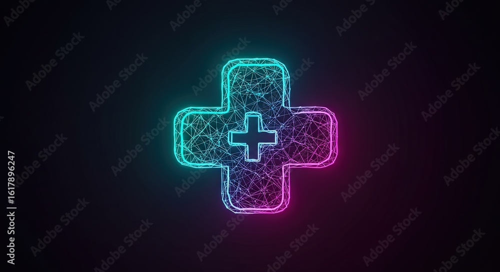 Poster neon geometric plus symbol with intricate wireframe structure glowing on a dark background