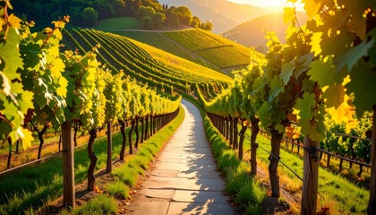 Fototapeta premium abstract illustration of walkway Through Sunlit Vineyard Rows on a Hillside