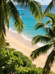 Tropical Escape Hawaiian Beach Through Palm Leaves