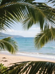 Tropical Escape Hawaiian Beach Through Palm Leaves