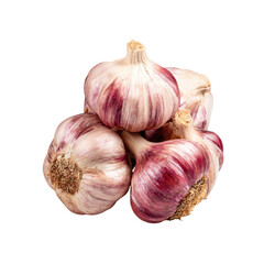 Close-up of four garlic bulbs clustered together.  The bulbs display a mix of light beige and deep reddish-purple hues.  Natural light highlights the texture and color variations
