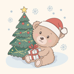 Cute Teddy Bear in a Santa Hat Holds a Gift Box Beside a Decorated Christmas Tree. Hand Drawn Illustration
