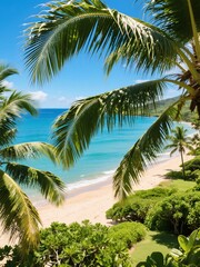 Tropical Escape Hawaiian Beach Through Palm Leaves