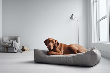 Dog Relaxing on a Cozy Bed in a Modern, Bright Room With Minimalistic Decor and a Lamp in the Background