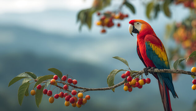 bright colorful macaw parrot sits on a branch with ripe berries in a tropical forest
