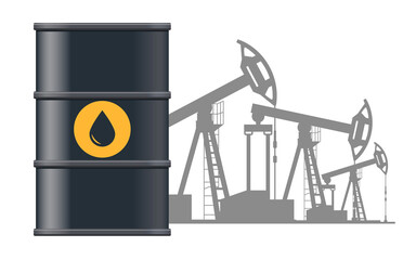 Oil barrel and silhouettes of oil drilling derricks. Illustration on transparent background