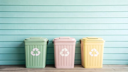 Three pastel colored recycling bins lined up against a light blue wooden wall