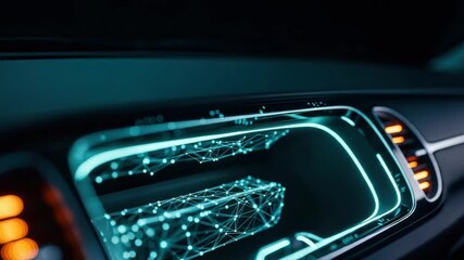 A futuristic car dashboard featuring a high-tech digital display with glowing lines and network patterns showcasing advanced technology in an urban night setting - Powered by Adobe