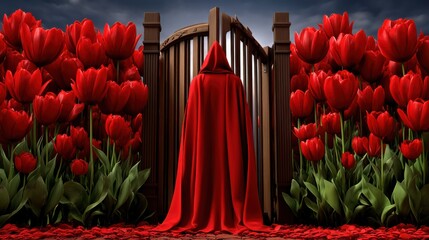 A person in a red cloak stands before a wooden gate surrounded by vibrant red tulips