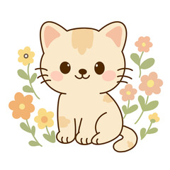 Cute Pastel Cat with Flowers – Kawaii Animal Illustration for Kids.