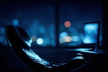 Night office with city view computer lighting up the dark