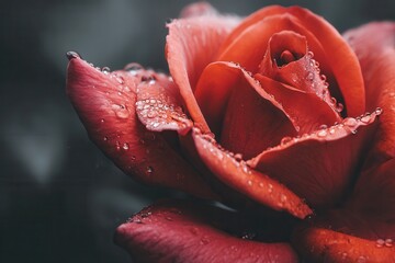 Red rose close-up with dew drops: detailed beauty in nature