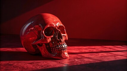  A glossy red skull glowing under soft red lighting, placed on a deep crimson surface. Bold, intense mood, strong highlights and rich shadows.
