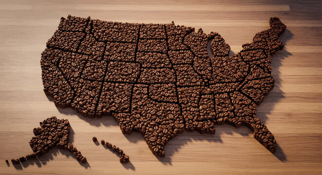 A map of the United States of America meticulously crafted from roasted coffee beans, laid out on a wooden surface.