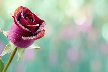 Dew-kissed rose with blurred pastel bokeh background