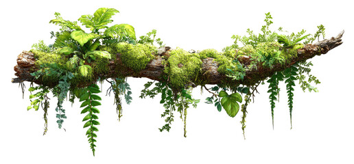 A log covered in lush greenery, with hanging plants