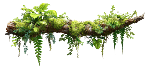 A log covered in lush greenery, with hanging plants