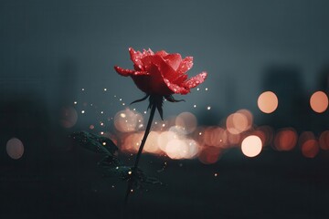 Red rose in dreamy bokeh city nightscape