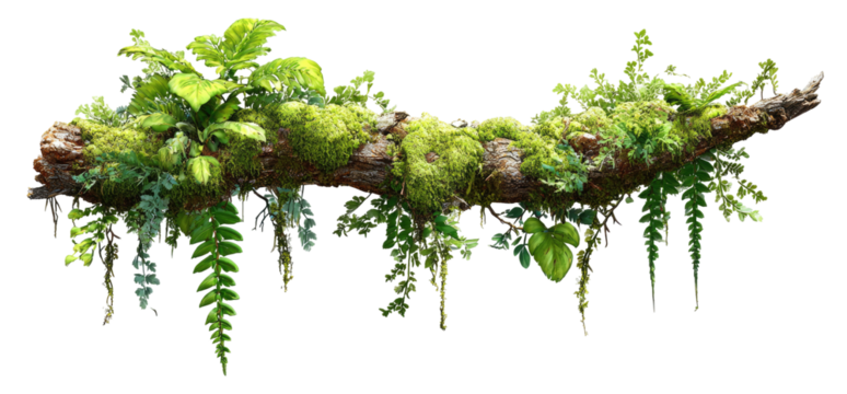 A log covered in lush greenery, with hanging plants