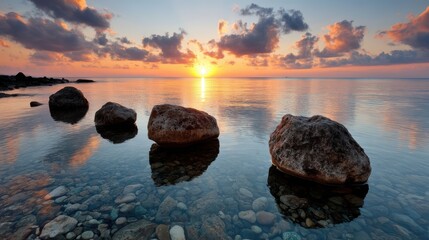 Serene Sunset Rocks: Tranquil Coastal View with Reflection and Warm Light