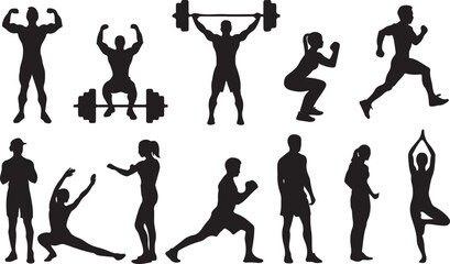 Fitness silhouettes of people exercising and lifting weights exercise weightlifting