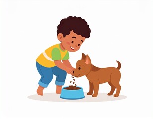 A young boy lovingly feeds his small brown puppy from a blue bowl.