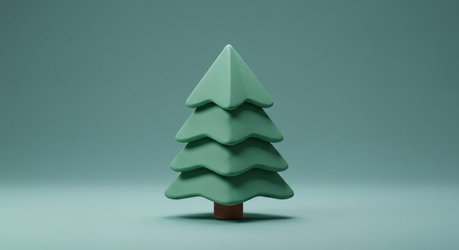 A stylized, low-poly 3D rendered evergreen tree with a brown trunk, set against a plain, muted teal background.